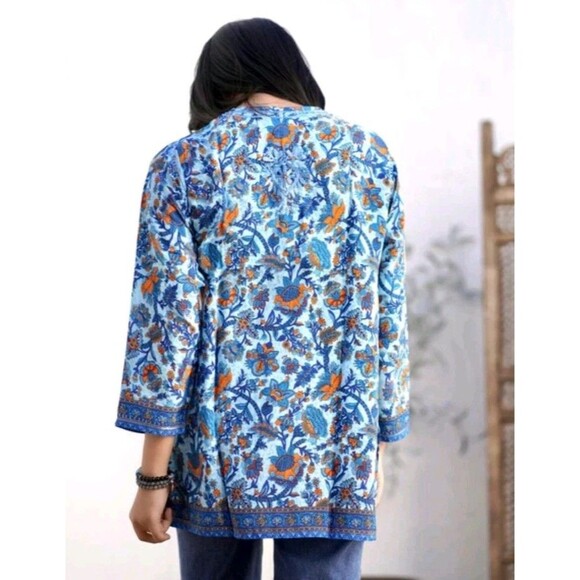 Dolma Silk Blend Floral Blue Tunic Hand Embroidered Henley Bohemian Indian Sz M - Picture 2 of 12